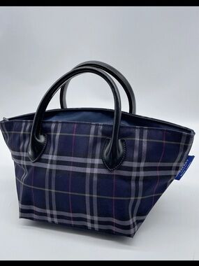 Burberry Navy Plaid Tote with Black Leather Handles